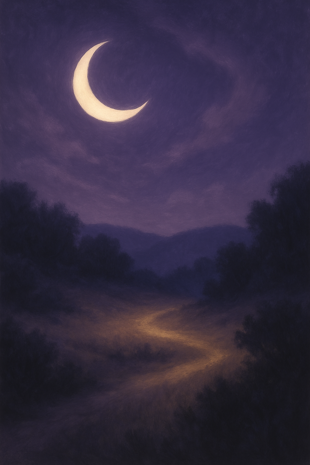 Crescent moon over a misty landscape with a path

