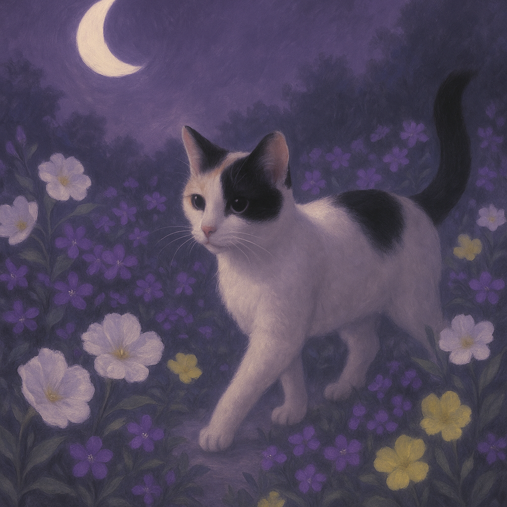 Cat in a field of flowers under a moonlit sky