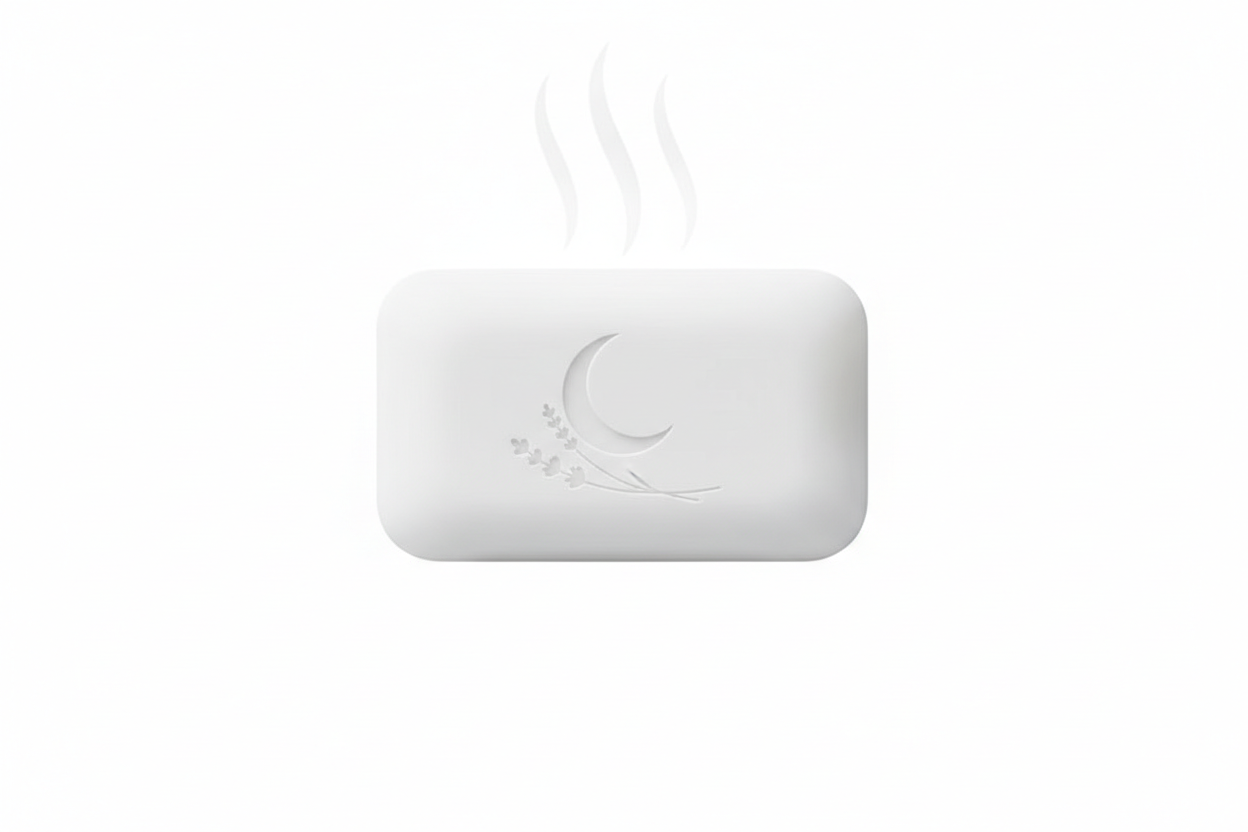 A minimalist bar of soap icon with a soft crescent moon lavender etched into the surface. Gentle curved lines to suggest smoothness. Optional light steam lines above the soap, very subtle and airy.

Do not include: bathtubs, people, water splashes, bubbles everywhere. white background