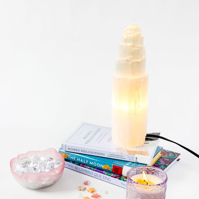 White Selenite Tower Lamp – Grand, Warm Light