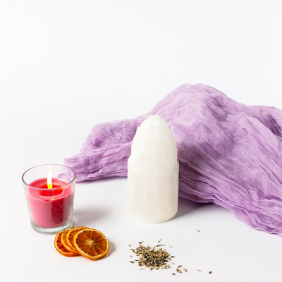 White Selenite Tower Lamp – Petite, Warm Light